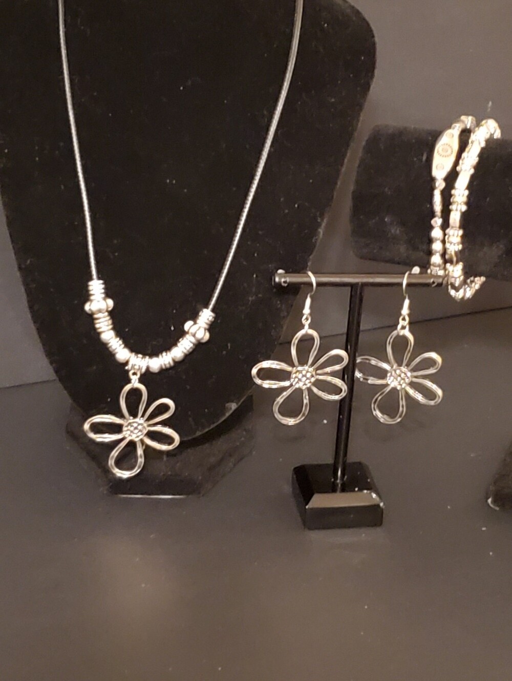 Whimsical Flower Necklace, Matching Earrings And Two Bracelets